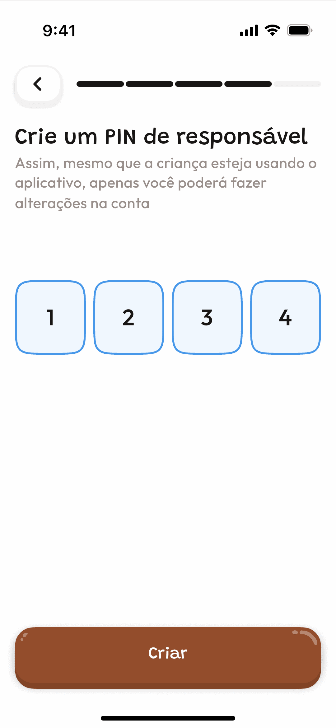 Tela do aplicativo para criar um PIN de responsável